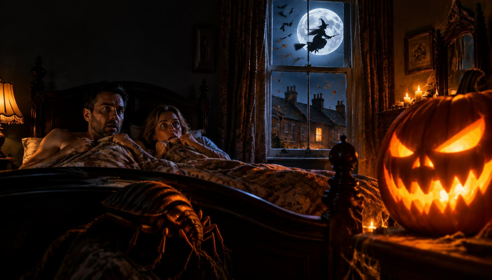Frightened couple in a British bedroom with a bed bug, carved pumpkin and witch silhouetted against the full moon