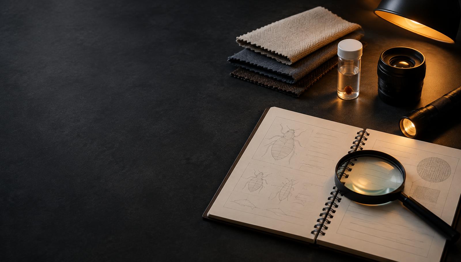 Bed bug research notes, inspection tools and reference materials on a professional desk