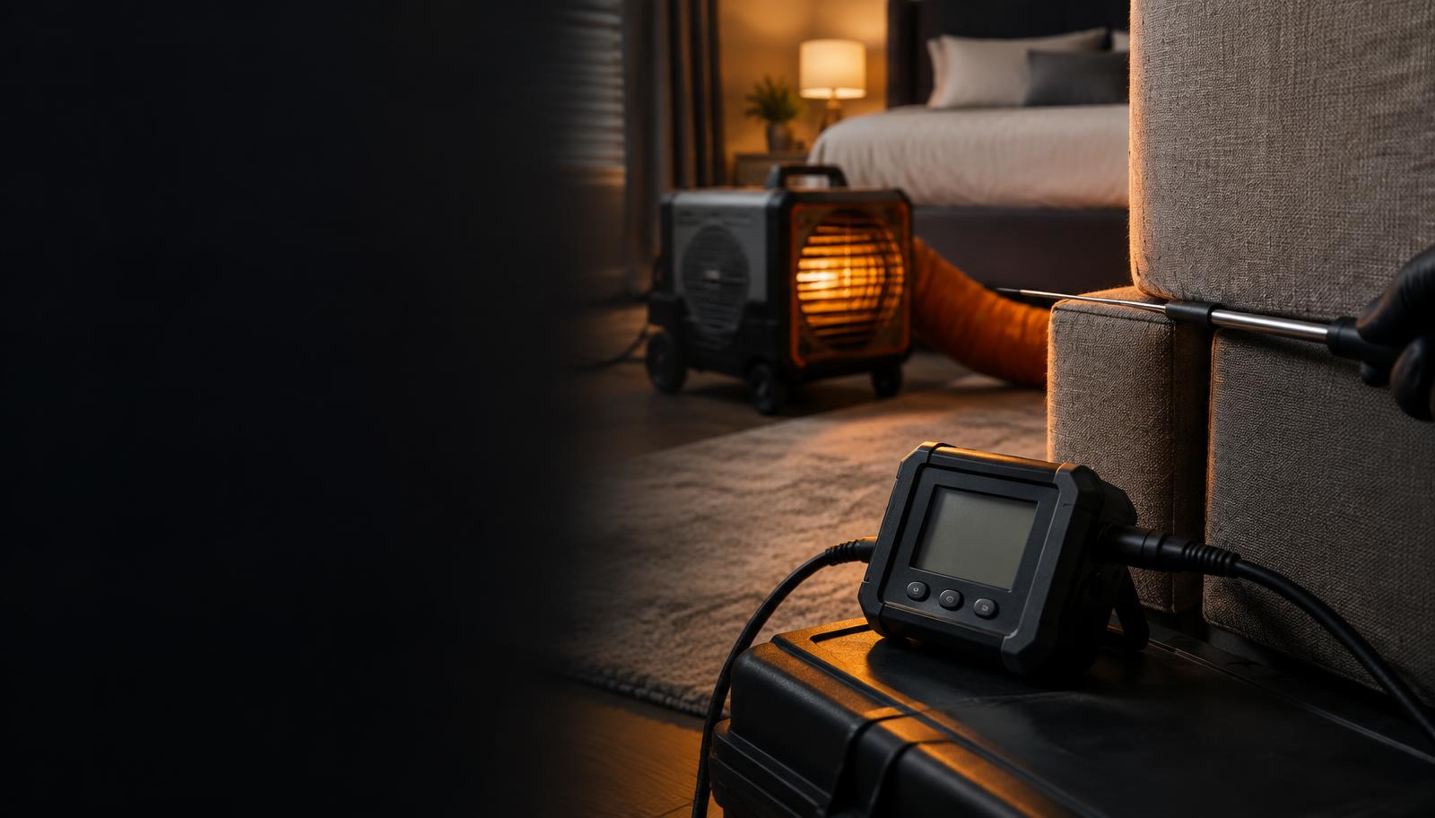 Professional temperature probes monitoring heat through upholstered furniture