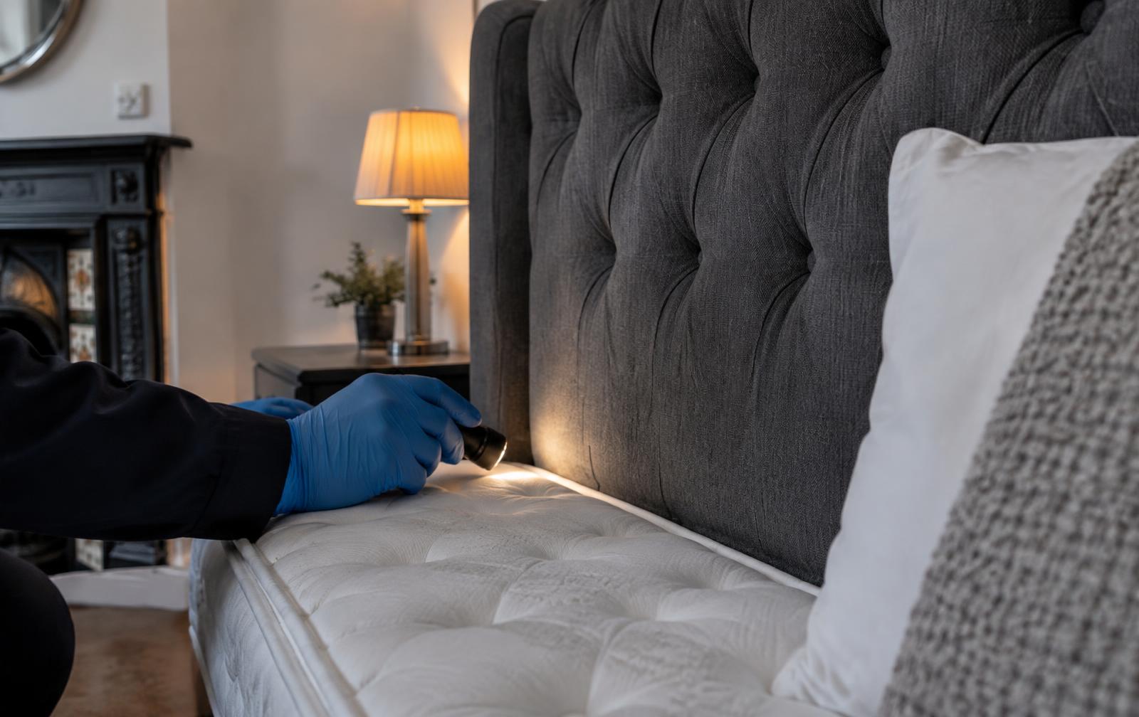 Professional inspection of a mattress seam in a British bedroom