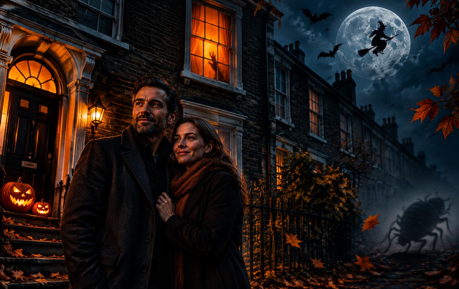Frightened adults in a Halloween bedroom with pumpkins, bats and a witch outside