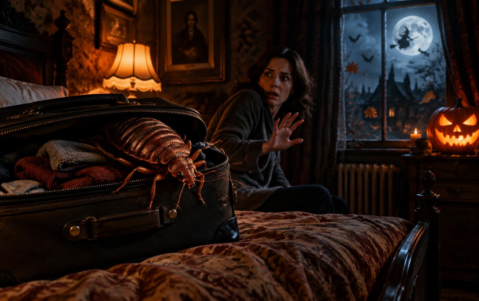 Open suitcase in a moonlit British bedroom with a sinister pumpkin and bed bug