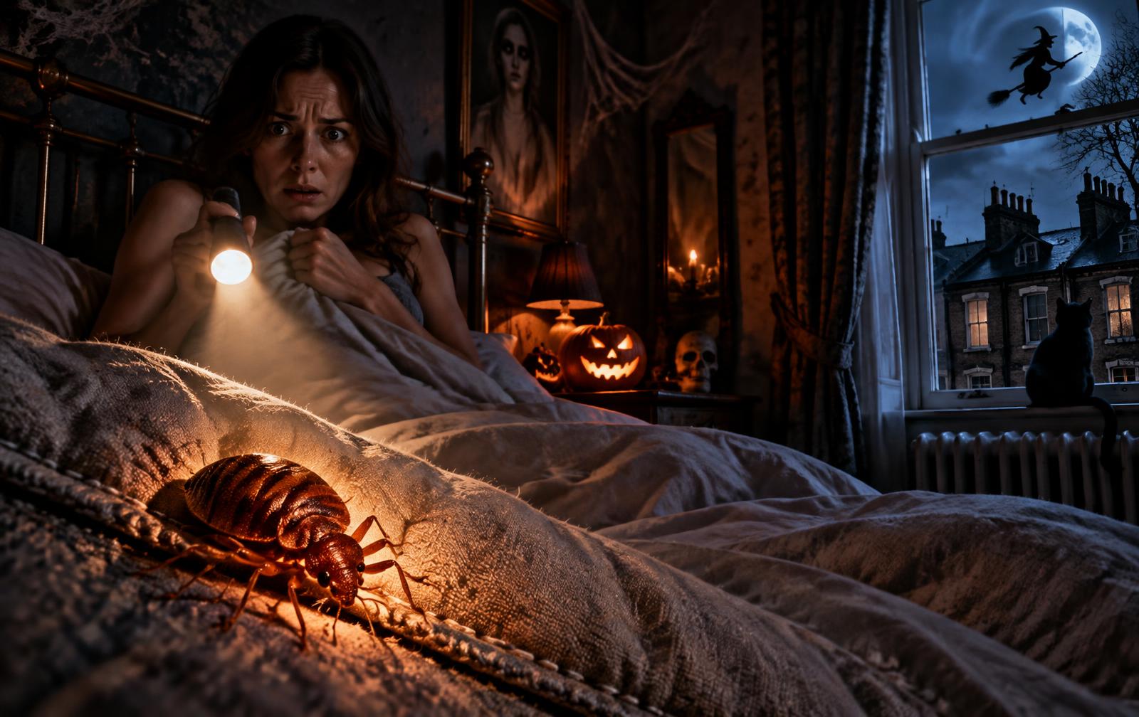 Halloween bedroom scene with a threatening bed bug shadow
