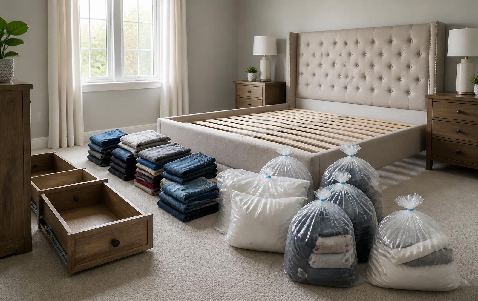 A bedroom prepared for bed bug heat treatment, with bedding and clutter cleared from the treatment area