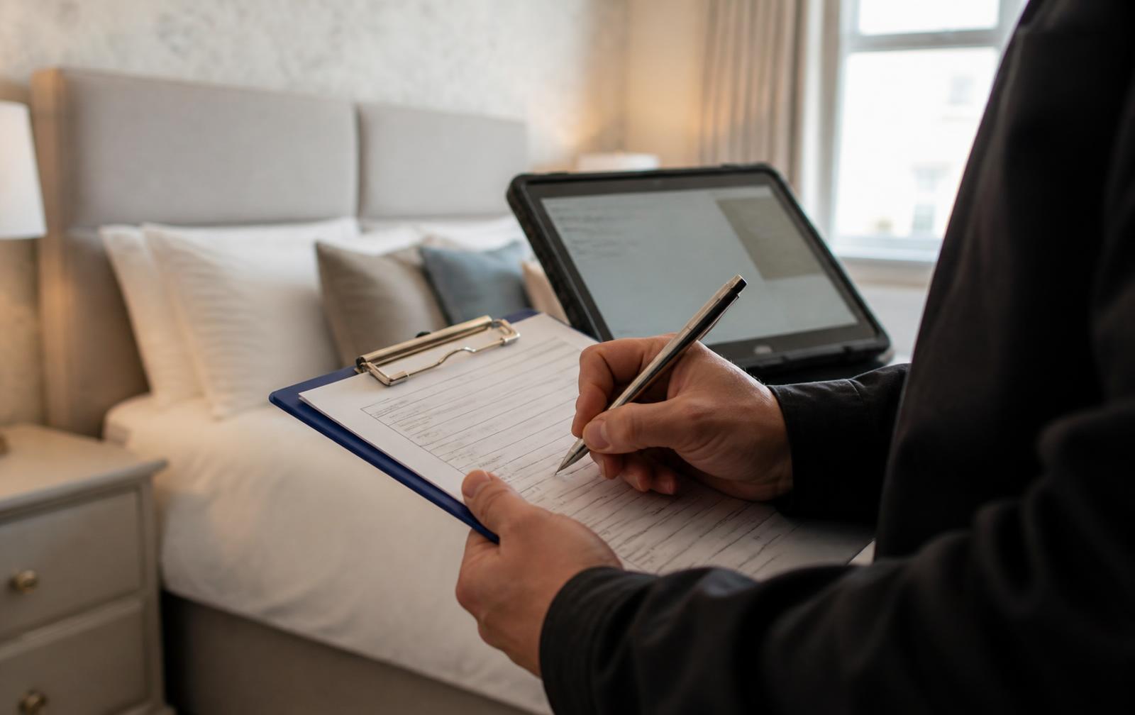 Specialist assessing a bedroom and recording property details for a treatment quotation