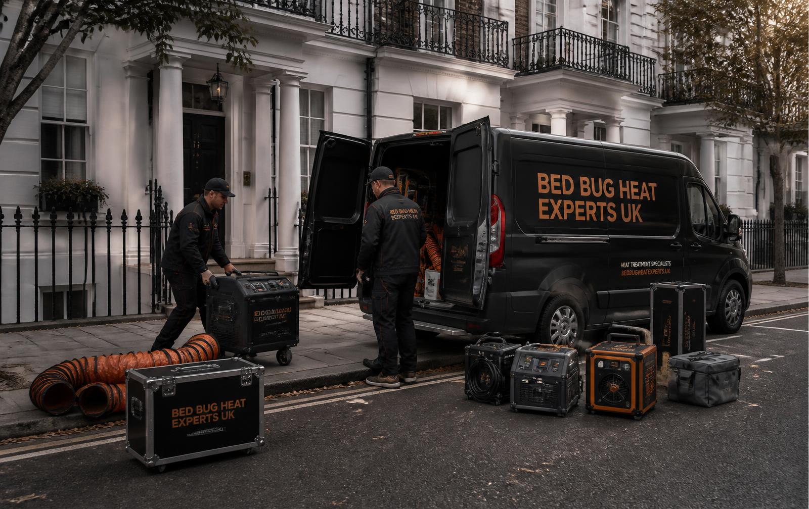 Bed Bug Heat Experts UK technicians unloading professional heat treatment equipment from a branded van outside a white Chelsea townhouse
